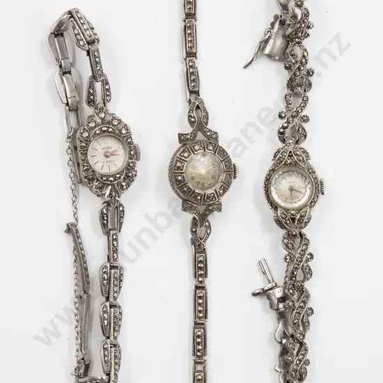 Three Various Design Silver and Marcasite Ladies Wrist Watches