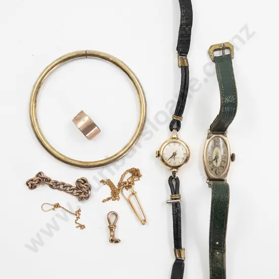 Early C20th 9ct Cased Wrist Watch. elongated oval dial with Arabic numerals (showing repairs to case not working) together with gold plated Eterna-Matic Ladies Wrist Watch and gold pieces of chain