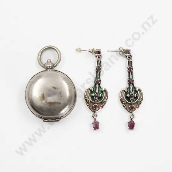 Pair .925 Silver Ruby & Marcasite Enamel Pendant Earrings