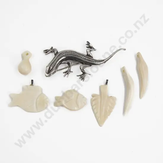 Silver Lizard Brooch and Five Marine Ivory Charms