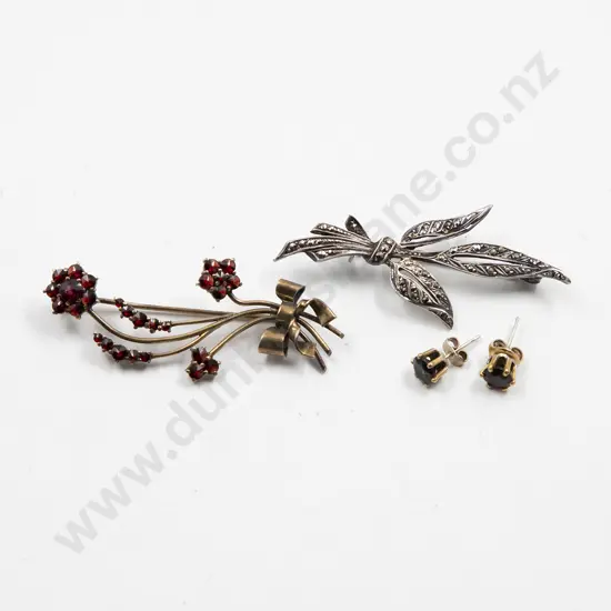 Silver Gilt Garnet Spray Brooch and S/S Marcasite Leaf Spray Brooch