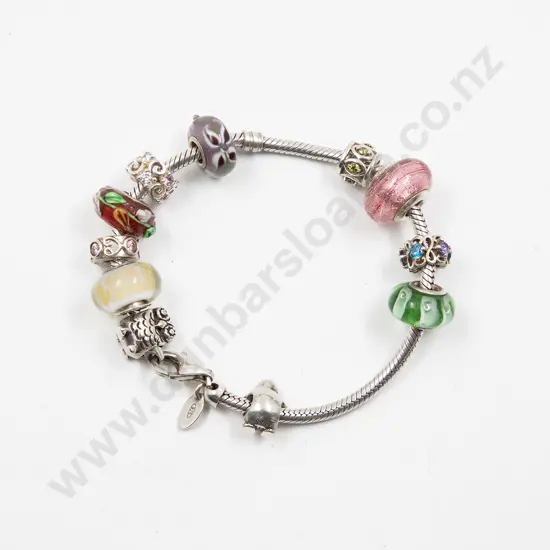 .925 Silver 'Pandora' Snake Chain Bracelet with Eleven Charms Attached