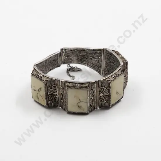 Chinese Filigree Silver and Four Panel Ivory Bracelet