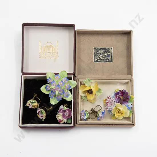 Various Make Vintage Four Floral China Brooches and Two Pair Earrings
