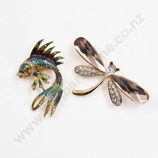 Costume Crystal Set Dragonfly Brooch and Enamel Fish Brooch