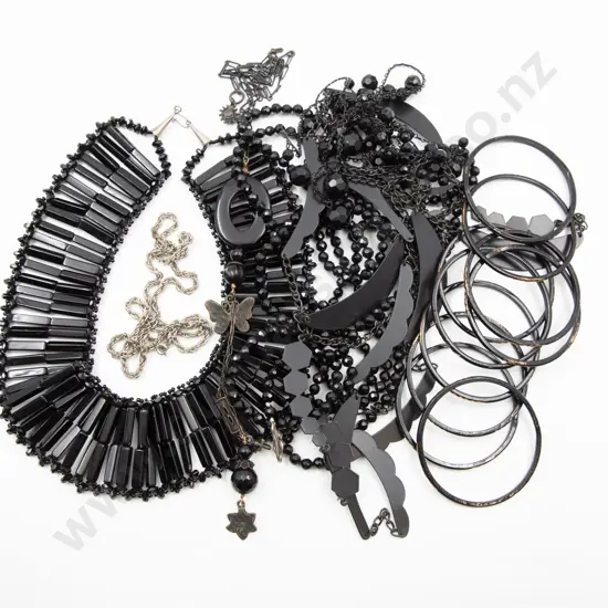 Collection Five Bead French Jet Bead and Metal Necklaces and Plastic Bangles