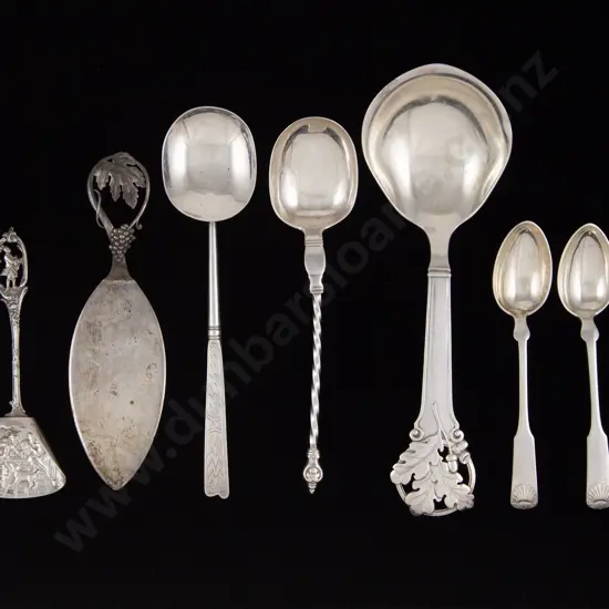 Fancy Danish Silver Serving Spoon & Cake Slice, Dutch Caddy Spoon  & 4 Other Spoons