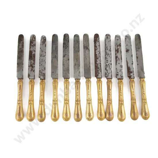 Set Of 12 C19th French S/S Gilt Steel Bladed Dessert Knives