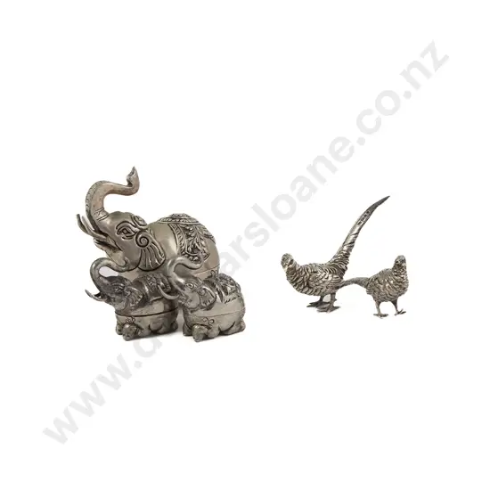 3 Thai .900 Silver Elephant Boxes & Pair S/S Pheasant Menu Holders