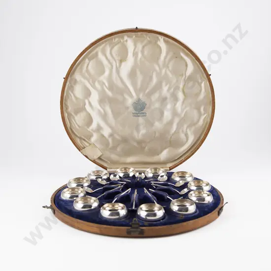 Oak Cased Set Of 12 .875 Silver Salts & Spoons