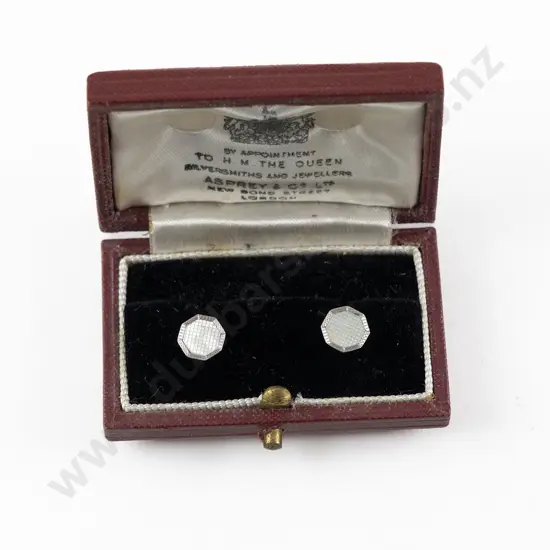 Pair Original Boxed Asprey of London 9ct White Gold Shirt Studs