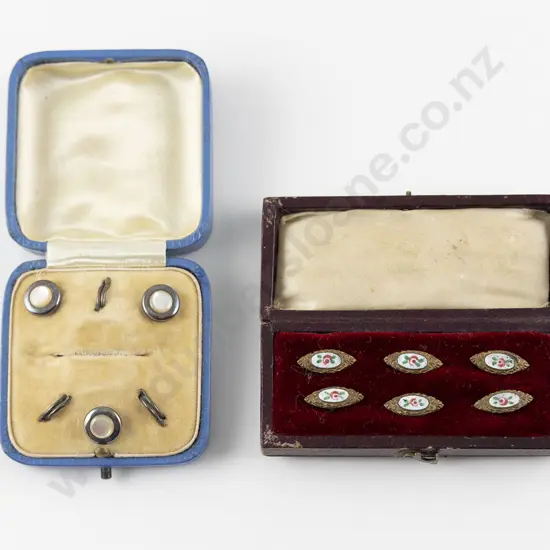 Cased Set Six Gilt Metal and Enamel Buttons and Silver MOP Studs