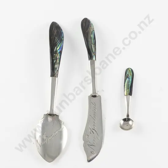 NZ Silver and Paua Handled Butter Knife and Matching Jam Spoon