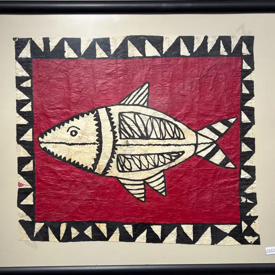 Framed Tapa Cloth with Fish Motif