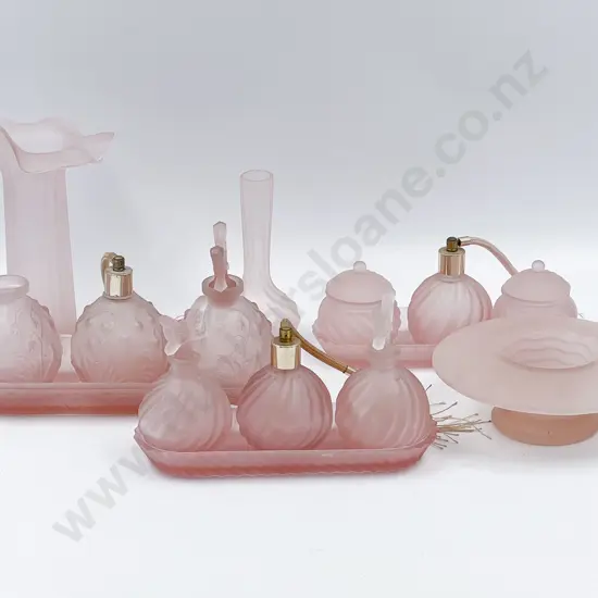 Small Quantity of Vintage Pink Frosted Glass Including Vanity Sets
