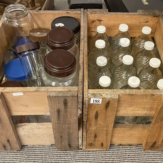 Two Wooden Vintage Crates of Assorted Glass Jars & Bottles