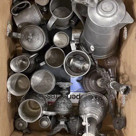 Box of Assorted Pewter etc