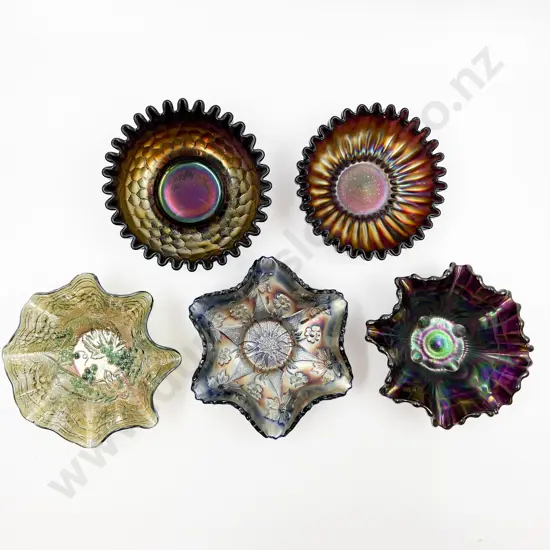 Five Pieces of Assorted Iridescent Carnival Glass