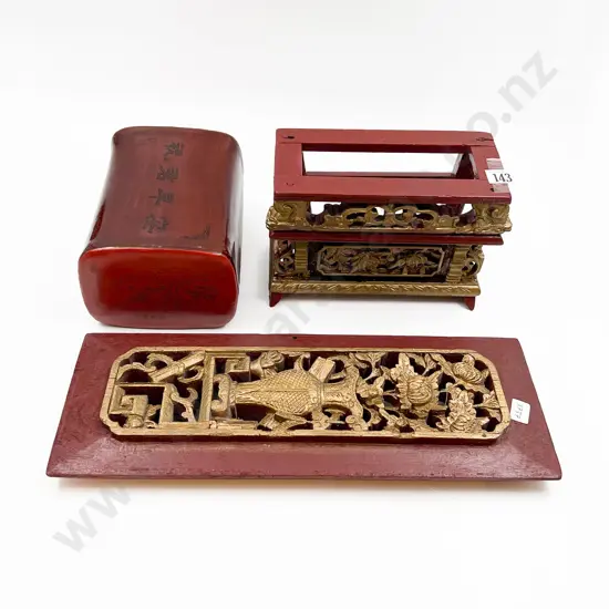 Three Pieces of Assorted Asian Including Lacquered Headrest