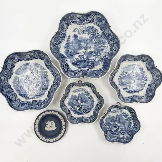 Five Blue and White Graduated Shallow Dishes Together with Boxed Wedgwood Dish