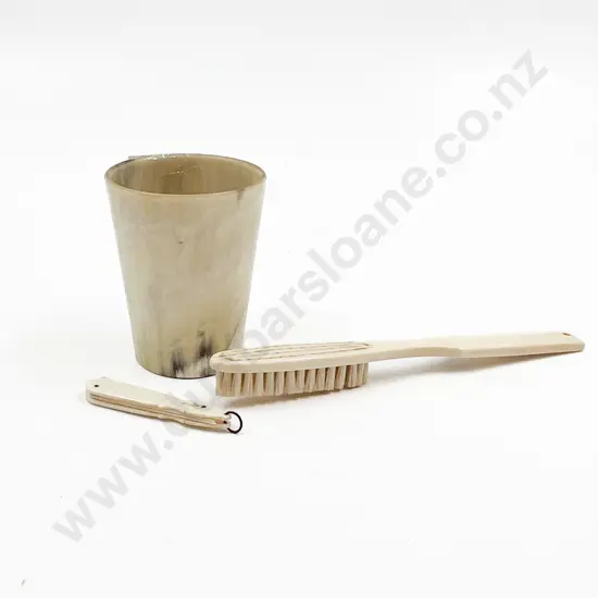 Small Horn Cup Together with Two Ivory Implements