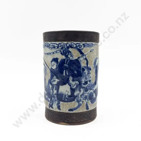 Embossed Blue and White Cylindrical Crackle Glaze Vase