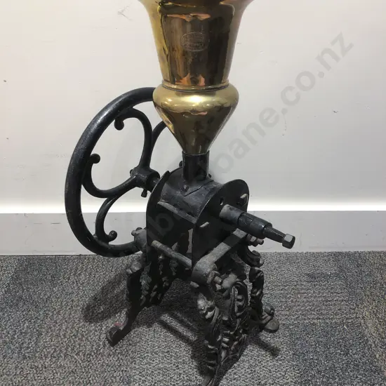 Vintage Wrought Metal Coffee Grinder with Brass Funnel