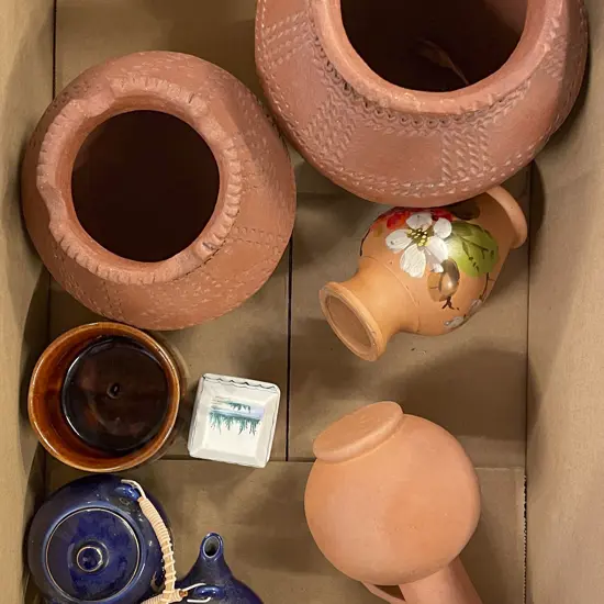 Small Box of Assorted Including Terracotta Vases and Vintage Inkwell etc