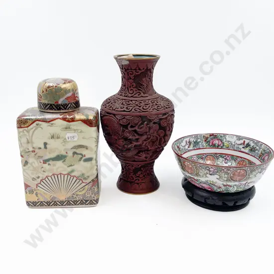 Cinnabar Lacquer Vase Together with Cantonese Bowl and Satsuma Decanter