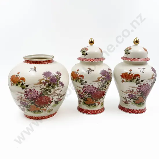 Pair of Japanese Urns Together with Vase