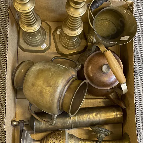 Box of Assorted Brass Ware etc Including Candlesticks