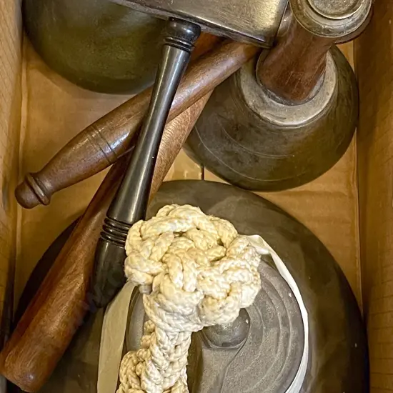Box of Assorted Vintage Bells and Gavels etc