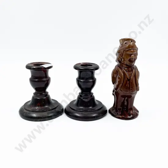 Glazed Figural Saltshaker Together with Pair of Hardstone Candleholders (AF)