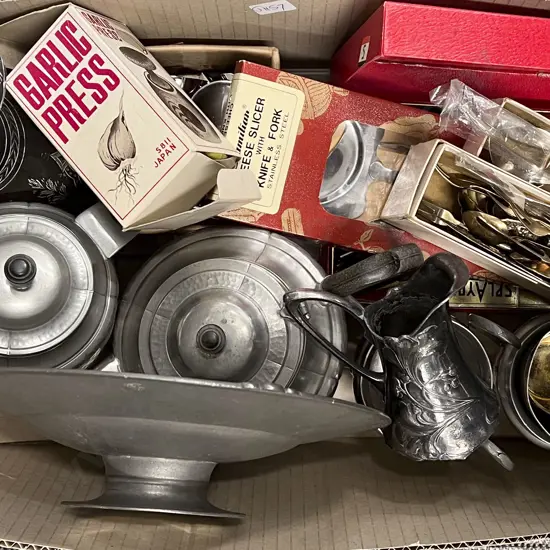 Box Quantity of Assorted Including Pewter and Thai Brass Cutlery etc