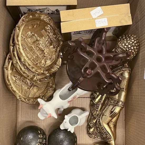 Small Box of Assorted Including Cow Creamer and Decorative Wall Plaques etc