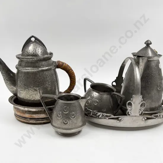 English Pewter Three Piece Tea Set Together with Wine Coaster and Art Nouveau Basket