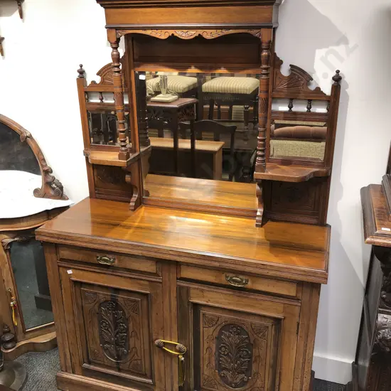 Arts and Crafts Carved Door Sideboard with Mirrored Gallery Back