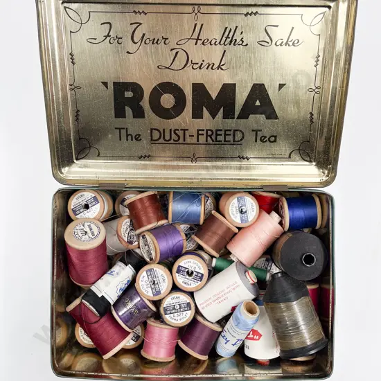 Quantity New & Used Sylko & Other Cottons on Wooden Reels in Tin Sewing Box