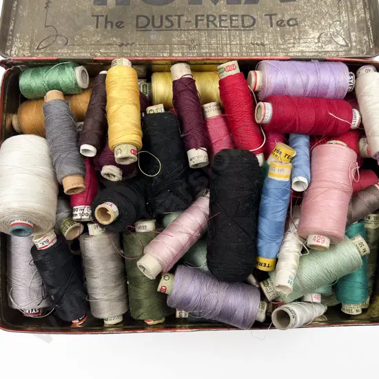 Quantity Mainly Used Coats Cottons on Card Reels in Tin Sewing Box