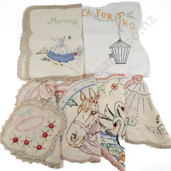 Six Vintage Embroidered Linen Tray Cloths & Sets