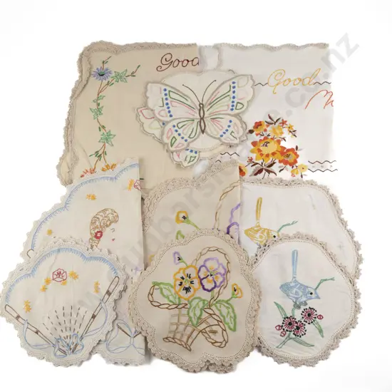 Six Vintage Embroidered Linen Tray Cloths & Sets