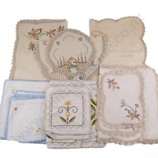 Six Vintage Embroidered Linen Tray Cloths & Sets