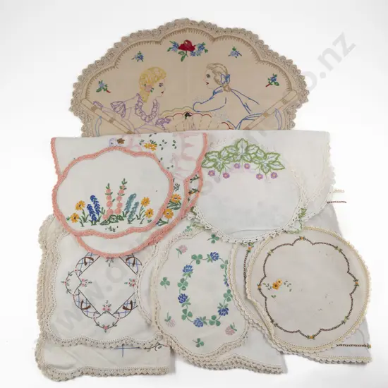 Six Vintage Embroidered Linen Tray Cloths & Sets
