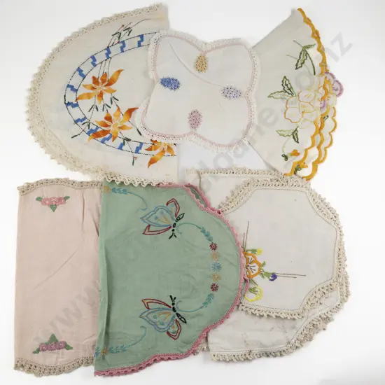 Six Vintage Embroidered Linen Tray Cloths & Sets