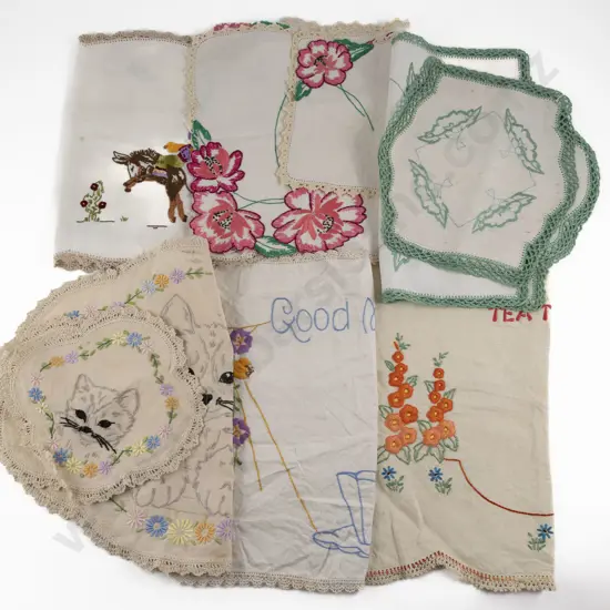 Seven Vintage Embroidered Linen Tray Cloths & Sets