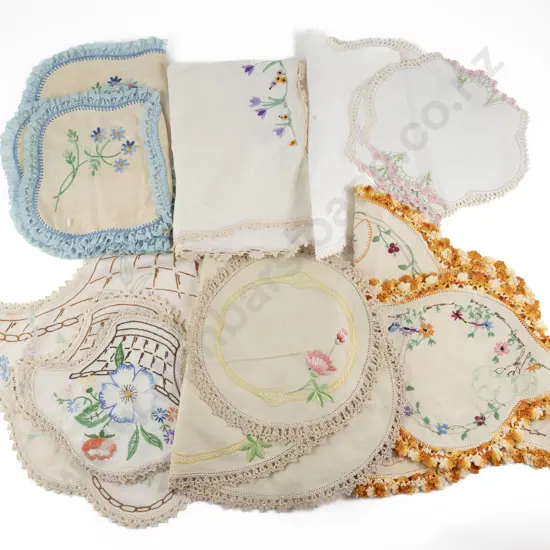 Seven Vintage Embroidered Linen Tray Cloths & Sets