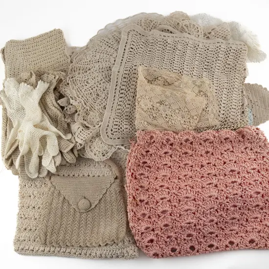 Collection of Vintage Mainly Crocheted Cotton Table Covers & Doilies Handbags & Gloves