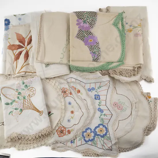 Three Vintage Embroidered Tablecloths & Selection Doilies