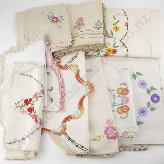 Three Vintage Embroidered Tablecloths & Selection Doilies