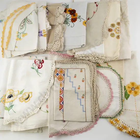 Three Vintage Embroidered Tablecloths & Selection Doilies